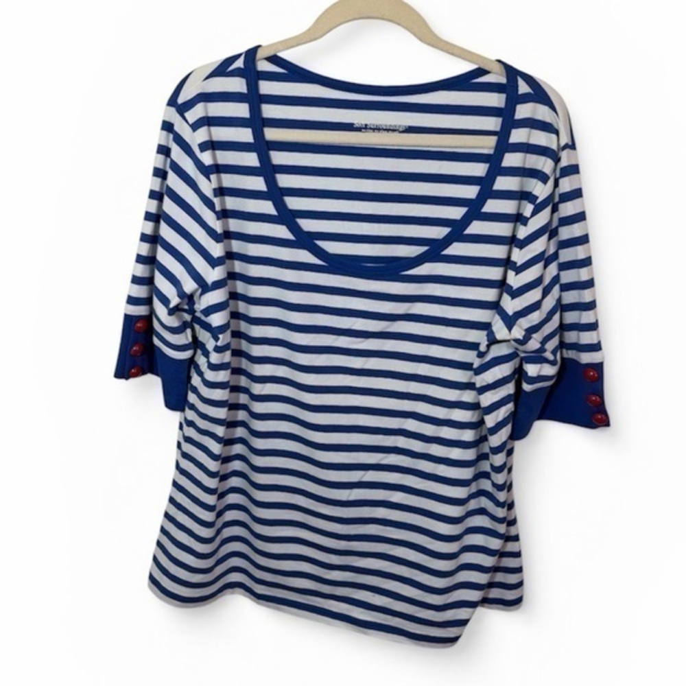 Soft Surroundings Blue and White Striped Tee Boat Neck Red Details Boat Neck